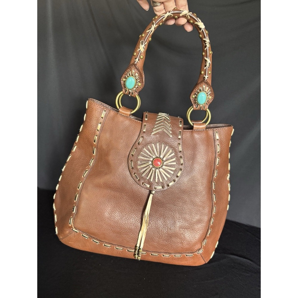 BCB Girls Brown Leather Bag In Western Style With Turquoise
